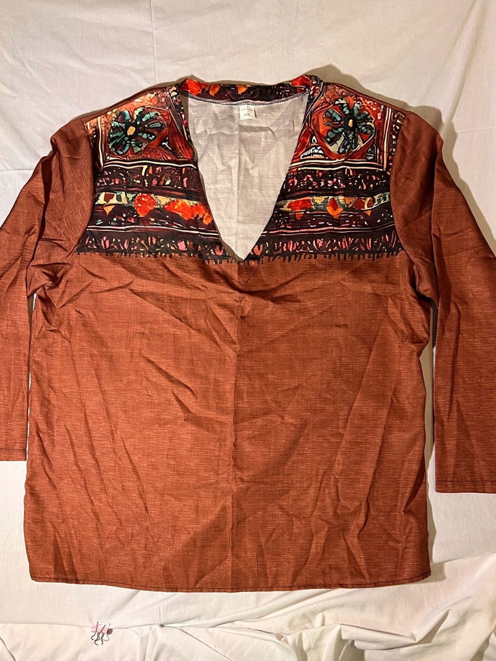 Men’s Rust Brown Embroidered V-Neck Top